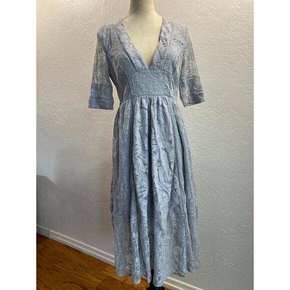 Free People Blue Embroidered Lace Midi Dress- Size 4 - Picture 1 of 12